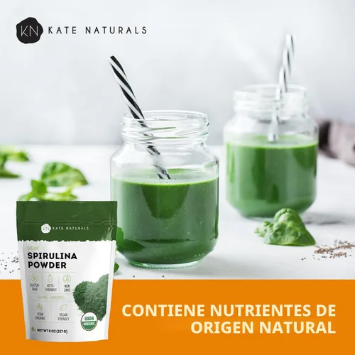 Vista 5 de Kate Naturals Polvo de espirulina orgánica para apoyo inmunológico y antioxidantes. Suplemento superalimento denso en nutrientes