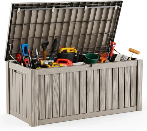 Vista 7 de DRATO Caja de almacenamiento para cubierta de 31 galones, caja de almacenamiento para exteriores para cojines de patio, herramientas de jardín, caja