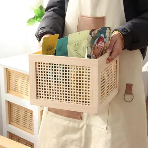Vista 6 de YAHUAN Caja de Almacenamiento de Madera de Bambú Cubos Organizadores de Almacenamiento Contenedores Decorativos Cesta Cuadrada de Madera Cajas