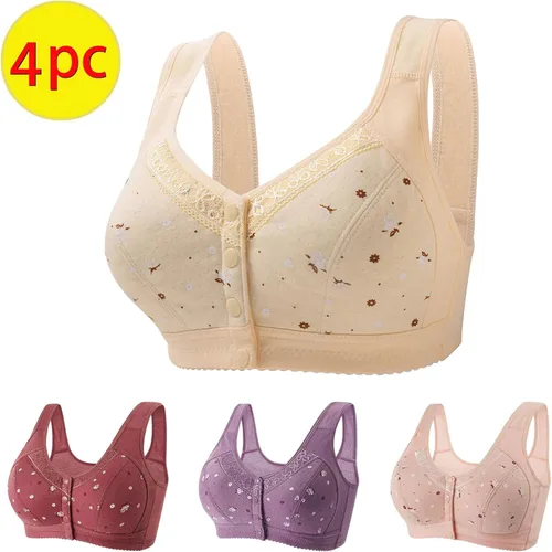 Vista 2 de Paquete de 4 brasieres de margaritas para mujer, cierre frontal de broches de presión, brasier de algodón inalámbrico, cobertura completa