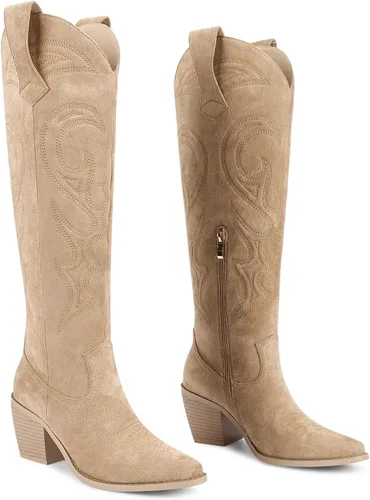 Vista 6 de wetkiss Botas vaqueras para mujer, hasta la rodilla, botas vaqueras para mujer, con diamantes de imitación, cómodas, a la moda, altas y brillantes