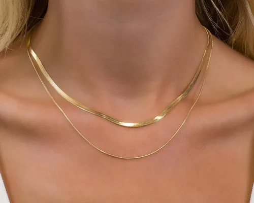 Vista 4 de Pencros Gargantilla delicada, collar de cadena de serpiente relleno de oro de 14 quilates, collar de espiga ajustable simple para mujer