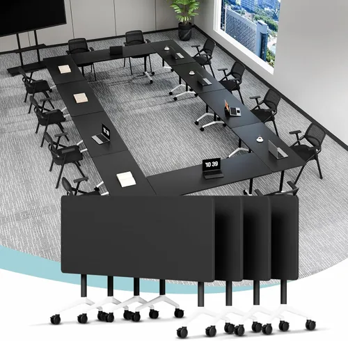 Vista 12 de Mesa de conferencias plegable, mesa modular moderna para sala de conferencias con ruedas para 8-16 personas, mesas de entrenamiento plegables