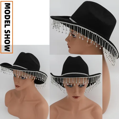 Vista 5 de Melesh Sombrero de vaquera para mujer, sombrero de vaquero occidental con flecos de diamantes de imitación