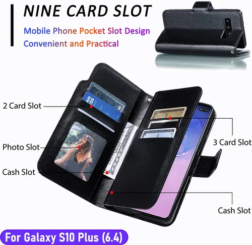 Vista 2 de Funda tipo cartera para Galaxy S10 Plus/S10+ de 6.4 pulgadas [3+ ranuras para tarjetas] Tarjeta de identificación con ranura para tarjetas de Negro