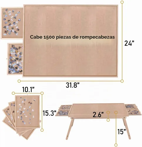Vista 5 de Mesa de rompecabezas con cajones, 1500 piezas, tablero de rompecabezas y patas plegables (color almendra)