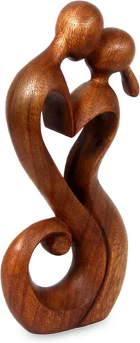 Vista 3 de NOVICA Escultura romántica de madera de suar marrón, 11.75 pulgadas de alto 'Everlasting Kiss