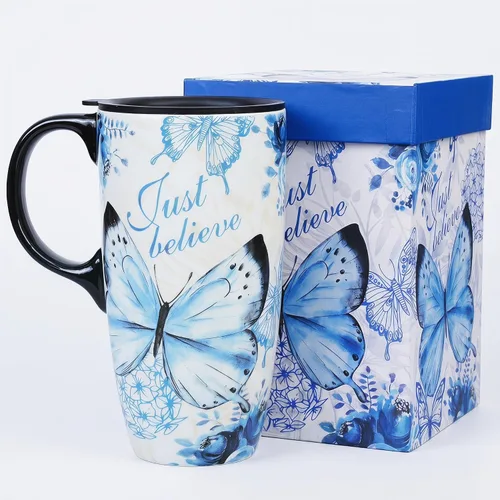 Vista 14 de Taza de café de cerámica de 17 onzas con tapa y asa, taza de viaje floral púrpura, apta para microondas y lavavajillas, taza de café grande con caja