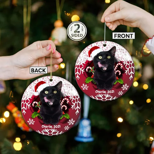 Vista 3 de Adorno personalizado, adorno de gato negro, regalo para amantes de los gatos, adorno de cerámica de Navidad de gato negro, adorno de Navidad