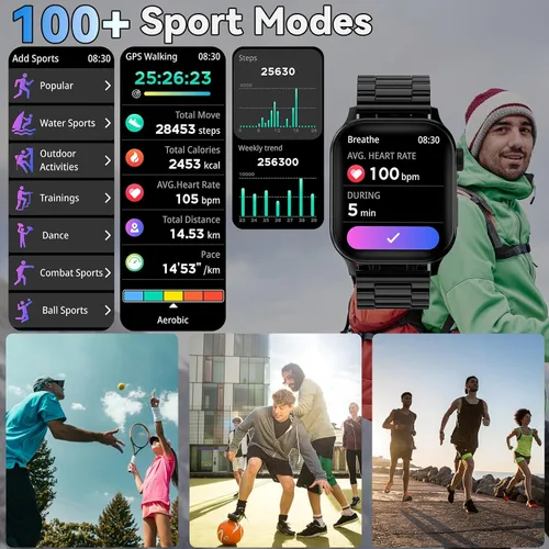 Vista 3 de Reloj inteligente para hombres con respuesta/hacer llamadas, pantalla HD de 1.85 pulgadas, reloj rastreador de fitness con resistente al agua, 100