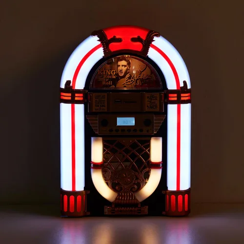 Vista 2 de Athena - Mini Jukebox/reproductor de CD de mesa, altavoz Bluetooth, radio/reproductor de tarjetas USB y SD con sistema de iluminación LED retro