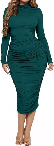 Vista 4 de Ekaliy Vestido midi ajustado y fruncido para mujer, sexy, con cuello alto falso, manga larga, vestidos de tubo