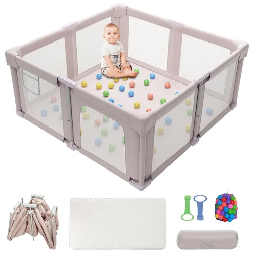 Vista 12 de Corralito plegable para bebés y niños pequeños, corralito portátil de 51 pulgadas con alfombrilla y pelotas oceánicas, patio de juegos con malla