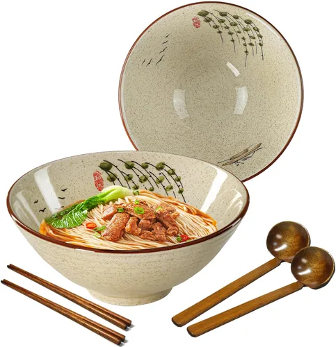 Vista 8 de Juego de cuencos de cerámica para ramen, 2 juegos de 34 onzas, cuencos grandes de sopa de fideos japoneses con cucharas y palillos para sopa