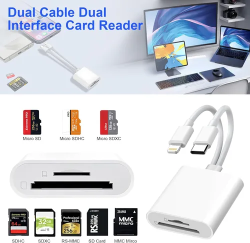 Vista 2 de Lector de tarjetas SD Denlane para iPhone iPad, lector de tarjetas de memoria con interfaz dual USB C y Lightning, adaptador de cámara digital