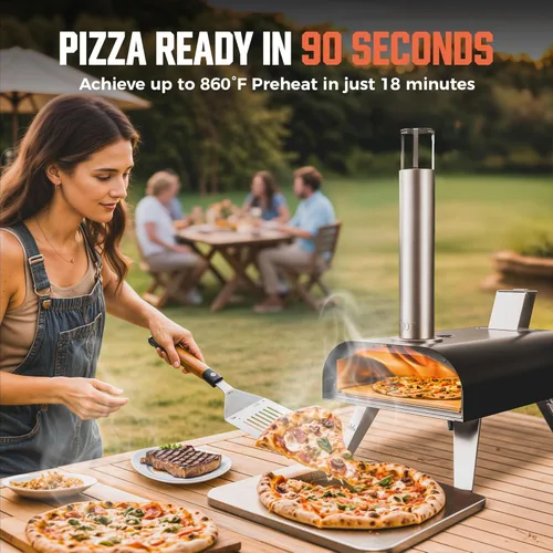 Vista 3 de BIG HORN OUTDOORS 12" Horno de piedra para pizza con leña, 475°C Horno para pizza al aire libre de acero inoxidable, portátil para uso en fiestas