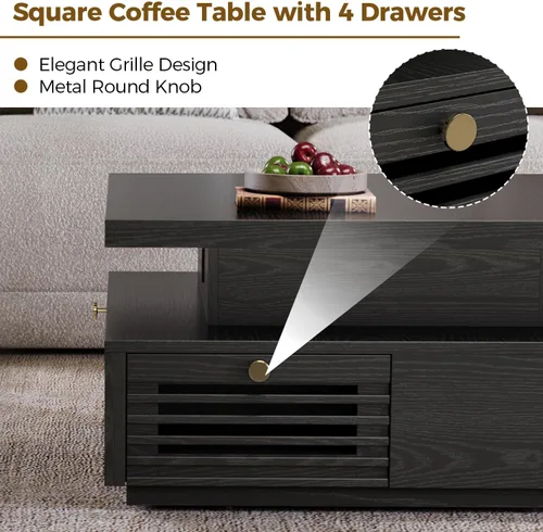 Vista 13 de Mesa de café IRONCK con luz LED y estación de carga, 4 cajones de almacenamiento con diseño de rejilla, mesa de café cuadrada para sala de estar