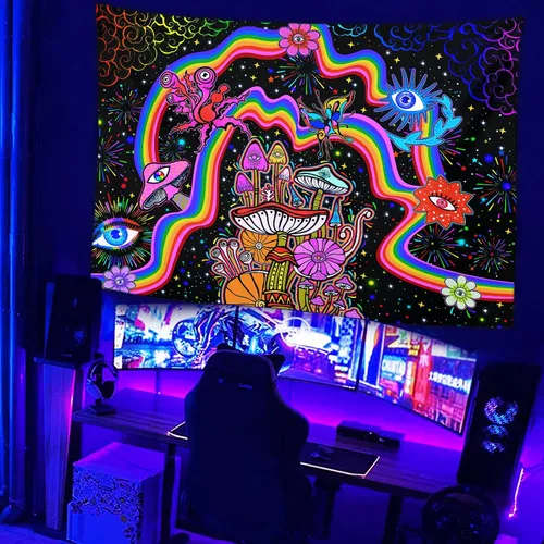 Vista 3 de NiYoung Tapiz Trippy para colgar en la pared, luz negra, arco iris, flores coloridas, ojos, estrellas, plantas mágicas, neón reactivo a los rayos