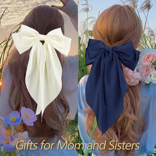 Vista 5 de Velscrun Lazos para el cabello para mujeres y niñas, 3 unidades, lazo blanco, lazo negro, azul marino, lazos grandes para el cabello con clip, lazos
