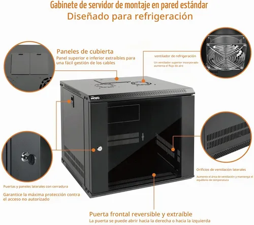 Vista 3 de Tecmojo 9U Gabinete de servidor de montaje en pared IT Rack de red con puerta y paneles laterales con cerradura, puerta de vidrio, ventilador