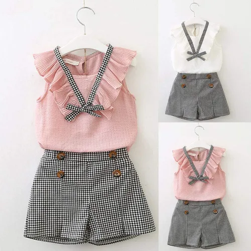 Vista 2 de Conjunto de ropa de primavera para niñas de 2 a 7 años de edad, sin mangas, con lazo y pantalones cortos a cuadros