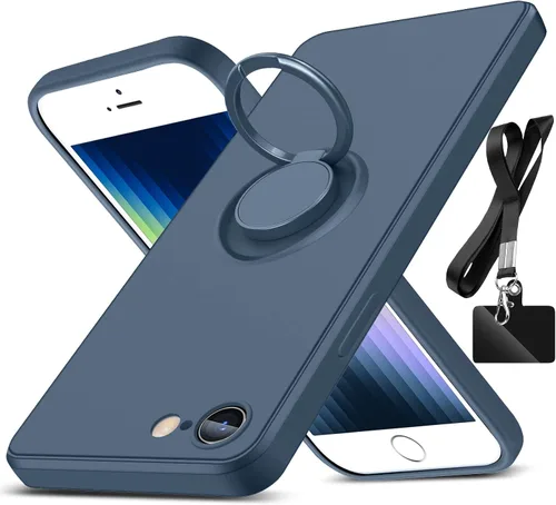 Vista 10 de Funda para iPhone SE 2022/2020, iPhone 8/7, con soporte de anillo giratorio de 360° y correa de silicona líquida delgada funda protectora para Negro