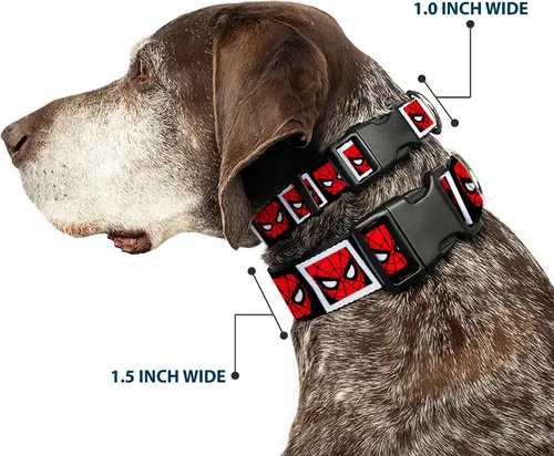 Vista 2 de Buckle-Down Collar de perro con clip de plástico con cara de hombre araña, bloques blancos y negros, multicolor, 1 pulgada de ancho, se adapta a