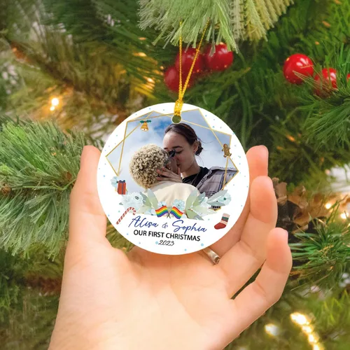 Vista 4 de Nombres de fotos personalizados, regalo de adorno de lesbianas gay, foto personalizada para parejas LGBT Gay Lesbianas Orgullo Arco Iris Ornamento