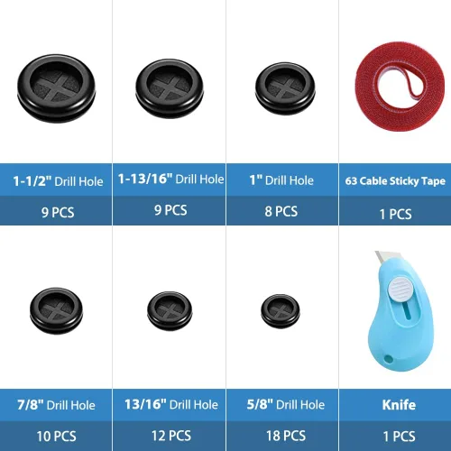Vista 6 de Vrupin Kit Surtido de 66 Ojales de Goma, Tapones para Orificios de Taladro Cortafuegos Protección de Cables, 6 Tamaños 1-13/16" 1-1/2" 1" 7/8" 5/8
