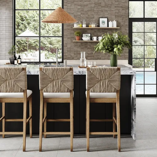 Vista 3 de Nathan James Beacon Taburete de bar bohemio con respaldo, de altura de bar, silla para isla de cocina, taburete de bar de seagrass, bouclé
