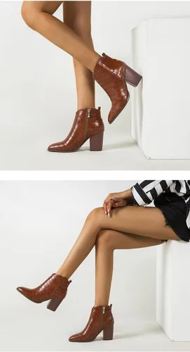 Vista 6 de Purubylley Botines de tacón grueso con cremallera lateral y puntera puntiaguda para mujer, botines occidentales con estampado de cocodrilo de charol