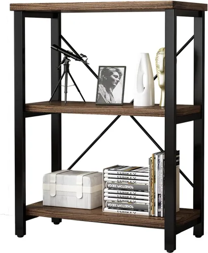 Vista 6 de AY-AOYUAN Librerías industriales de madera maciza de 3 niveles, estantería abierta Etagere con marco de metal, organizador de almacenamiento
