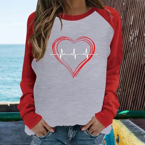 Vista 6 de Valentine Pullover Tops for Women Heartbeat Heart Graphic Sweatshirts Long Sleeve Tee Casual Raglan Baseball Sweatshirt