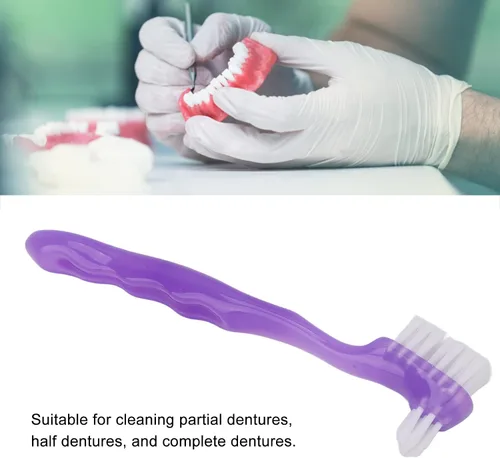 Vista 3 de Cepillo de dientes para dentaduras postizas, pelo suave, seguro de doble cara para viajes en casa (morado)