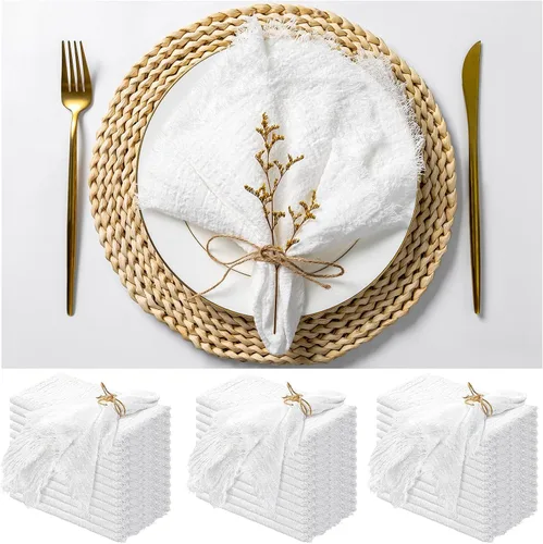 Vista 30 de Paquete de 12 servilletas de lino y algodón beige de 16 x 16 pulgadas, hechas a mano con flecos, servilletas de tela suave, lavables y rústicas