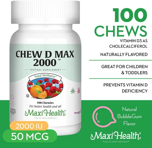 Vista 4 de Maxi Health Suplemento masticable de vitamina D3 de 2000 UI – Delicioso sabor natural de goma de mascar – Apoya la absorción de calcio, la salud