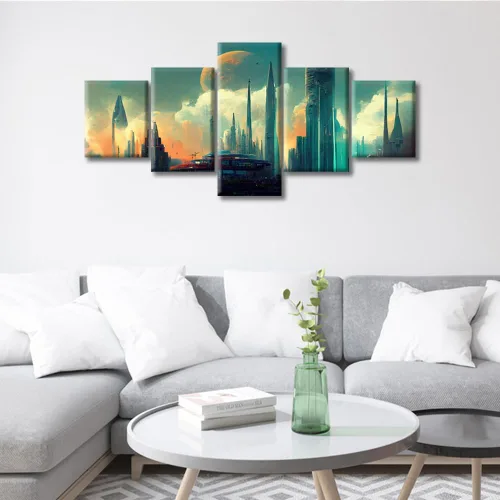 Vista 164 de Cuadros de 5 paneles de Cyberpunk City, arte de pared, representación de vallas publicitarias, edificios modernos en la capital con obras de arte