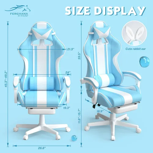 Vista 3 de Ferghana - Silla de juego Kawaii en azul claro con orejas de conejo, silla Gamer ergonómica y linda con reposapiés y masaje, silla de juego