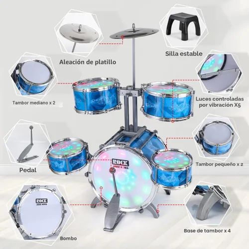 Vista 5 de Juego de batería para niños pequeños con kit de batería de 5 jazz y luces (controlado por vibración) y aleación, instrumentos musicales, juguetes