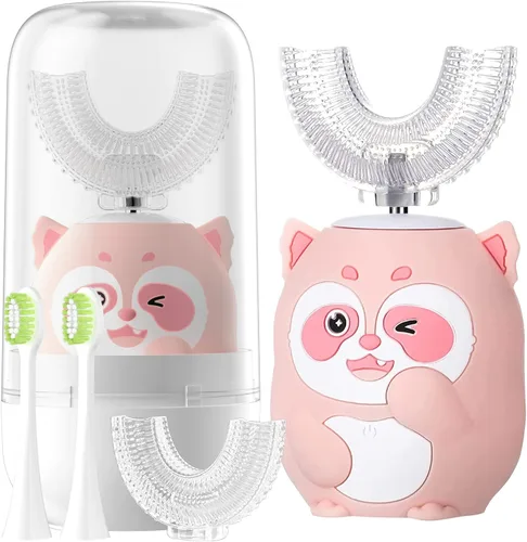 Vista 9 de Cepillo de dientes eléctrico en forma de U para niños, cepillo de dientes automático sónico de dinosaurio con 6 cabezales de cepillo, boca completa