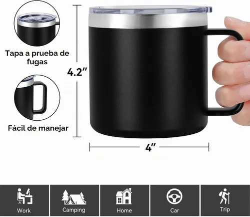 Vista 3 de VEGOND Taza de café aislada de 14 onzas con asa, taza de café de viaje de acero inoxidable con tapa, taza de café de metal al vacío de doble pared