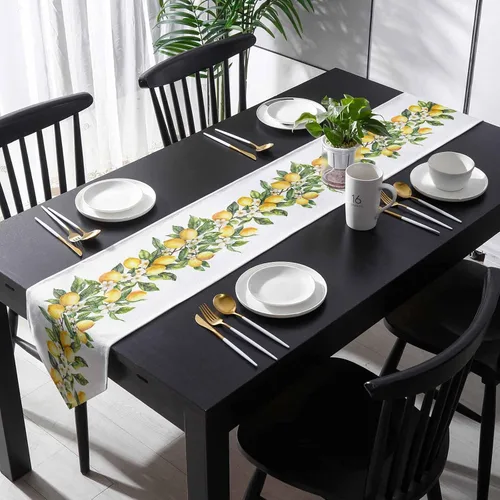 Vista 4 de Caminos de mesa triangulares de algodón y lino pequeños de 36 pulgadas, limones de verano, remolinos florales blancos, bufandas de tocador