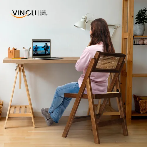 Vista 7 de VINGLI Silla de comedor de ratán, silla plegable de madera con respaldo giratorio de 360°, marco de madera de caucho y asiento y respaldo tejidos