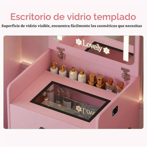 Vista 7 de HNEBC - Escritorio de tocador 3 en 1 con espejo LED con tapa abatible para dormitorio, color rosa