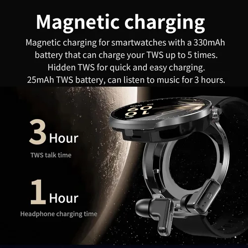 Vista 5 de Reloj inteligente con auriculares Bluetooth, pantalla HD redonda de 1.85 pulgadas, estilo militar, resistente al agua IP67, más de 100 modos