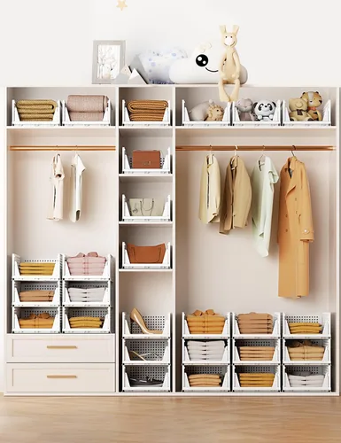 Vista 6 de Sistema organizador de armario, cesta apilable de plástico para almacenamiento, apilable, organizadores plegables para armario, organizador de ropa