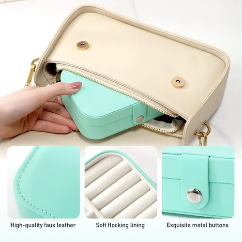 Vista 5 de YKUNIR Joyero pequeño de viaje, de piel sintética, organizador de joyas de doble capa, portátil, mini joyero para anillos, aretes, collares (verde)