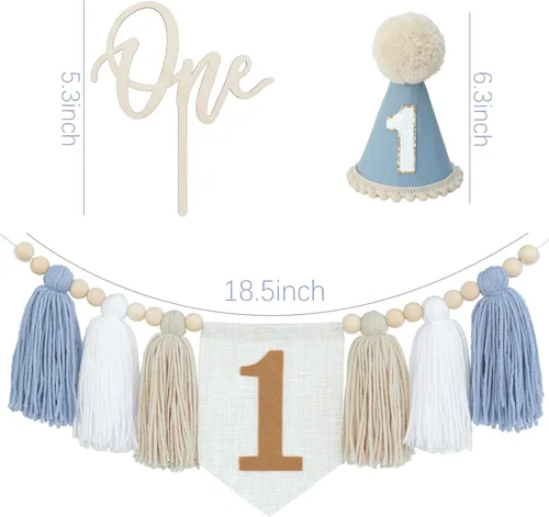 Vista 3 de DCJHFJ Decoraciones de primer cumpleaños para niño, pancarta azul para silla alta con sombrero de primer cumpleaños y una decoración de pastel