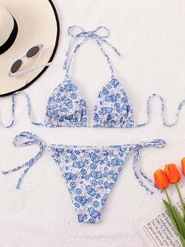 Vista 6 de Conjunto de traje de baño de bikini para mujer, traje de baño triangular, tanga de lazo