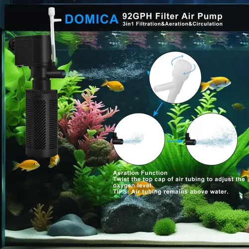 Vista 2 de DOMICA Filtro de acuario pequeño con sistema de aireación 92GPH 5W Filtro interno para tanque de peces de 3 a 10 galones, filtro sumergible